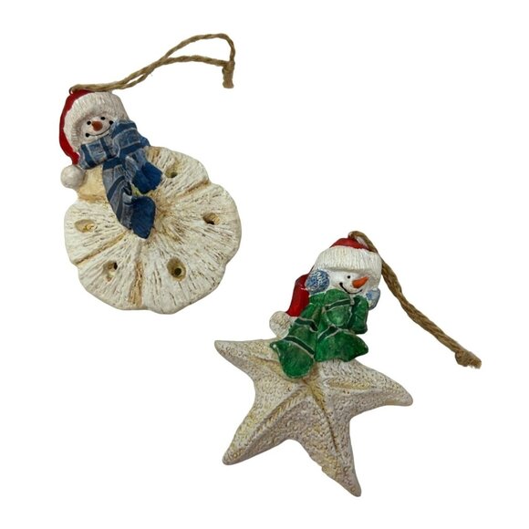 Beachy Christmas Ornaments - Snowman on a Starfish, & Snowman on a Sand Dollar‎ - Picture 1 of 5